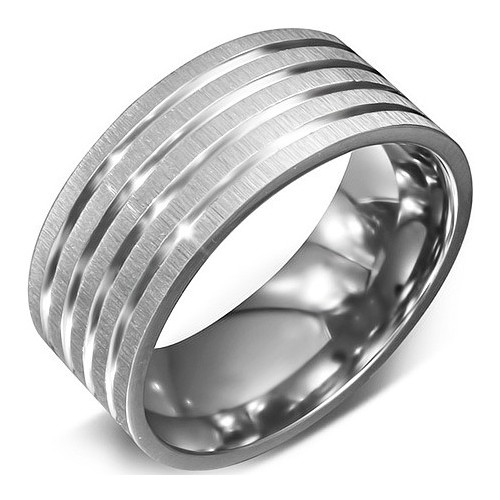 Ocelový prsten s hrubým povrchem a jemně leštěnými čtyřmi linkami
