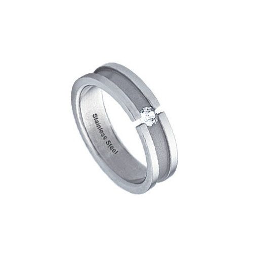 Ocelový prsten s zirkonem a matnou drážkou