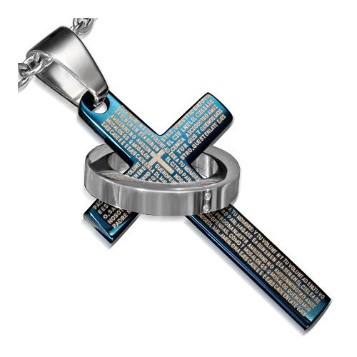 Ocelový přívěsek - modrý kříž s nápisem a prstencem