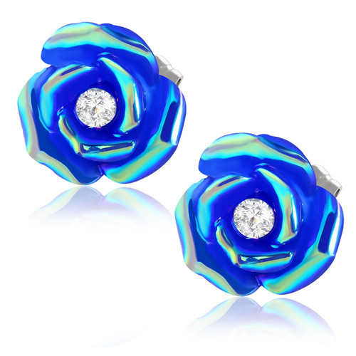 Tmavě modrý květ s perletí a kamínkem - Ocelové náušnice