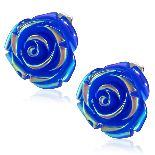 Tmavě modrý perleťový květ - Ocelové náušnice
